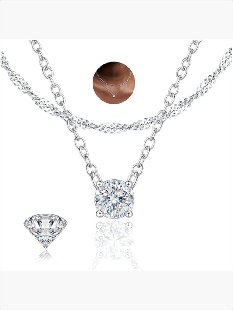 18k White Gold Plated 925 Sterling Silver Layered Moissanite Necklace Set